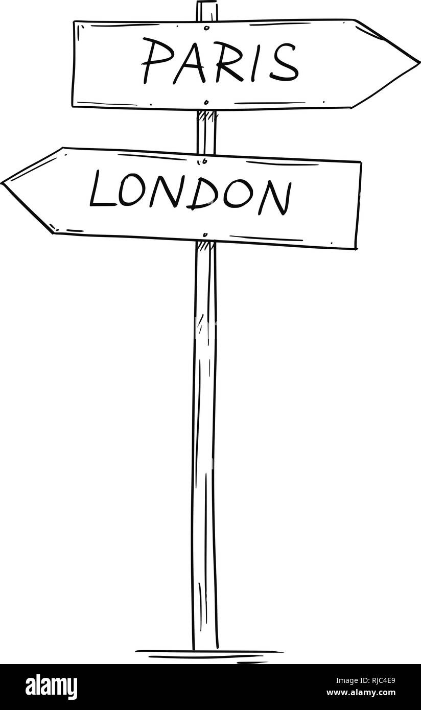 Disegno del vecchio due freccia direzionale Cartello stradale con Londra e Parigi Testi Illustrazione Vettoriale