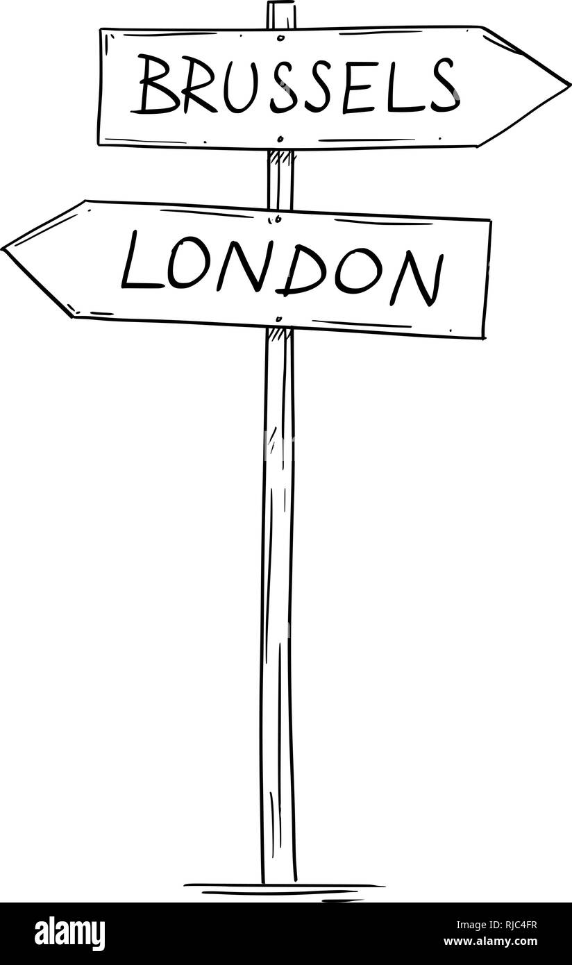 Disegno del vecchio due freccia direzionale Cartello stradale con Londra e Bruxelles Testi Illustrazione Vettoriale