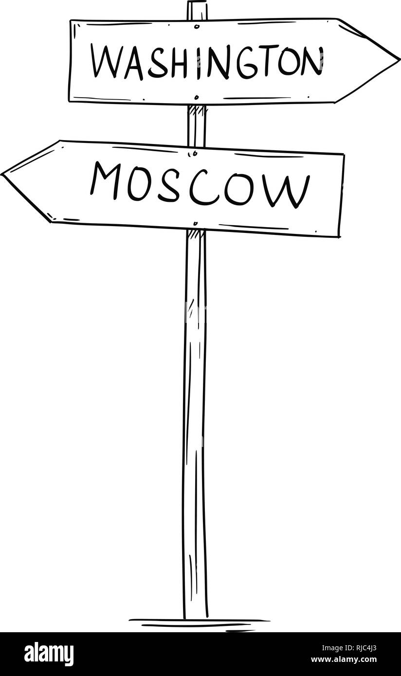 Disegno del vecchio due freccia direzionale Cartello stradale con Mosca e Washington Testi Illustrazione Vettoriale