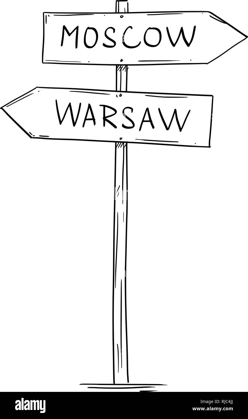 Disegno del vecchio due freccia direzionale Cartello stradale con Mosca e testi di Varsavia Illustrazione Vettoriale