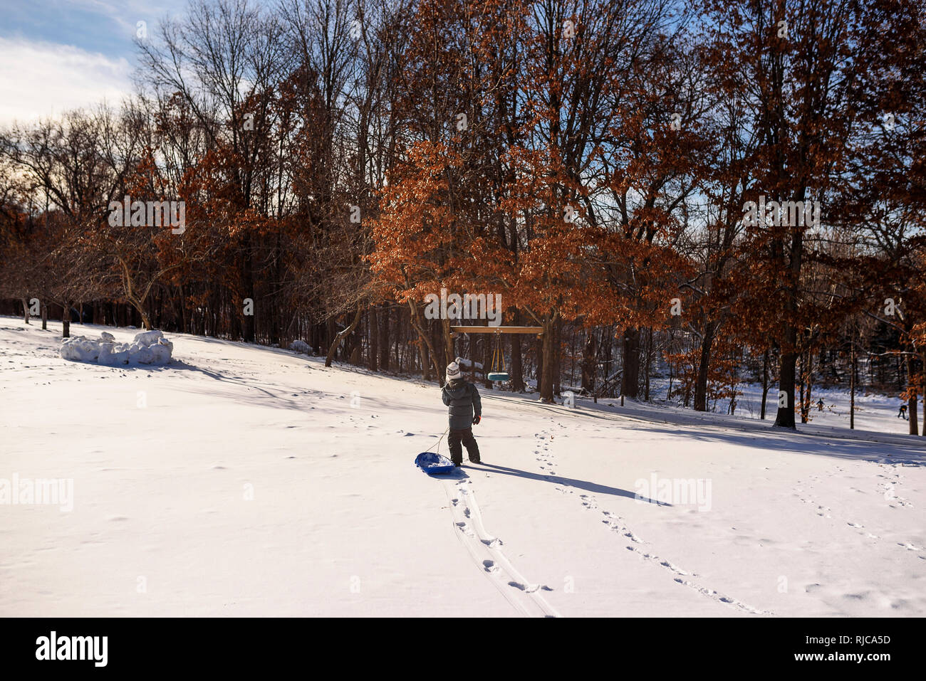 Ragazzo tirando una slitta nella neve, Wisconsin, Stati Uniti Foto Stock