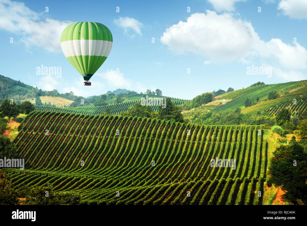 Incredibile paesaggio rurale con palloncino verde sotto il vigneto in Italia colline. Vite rendendo lo sfondo Foto Stock