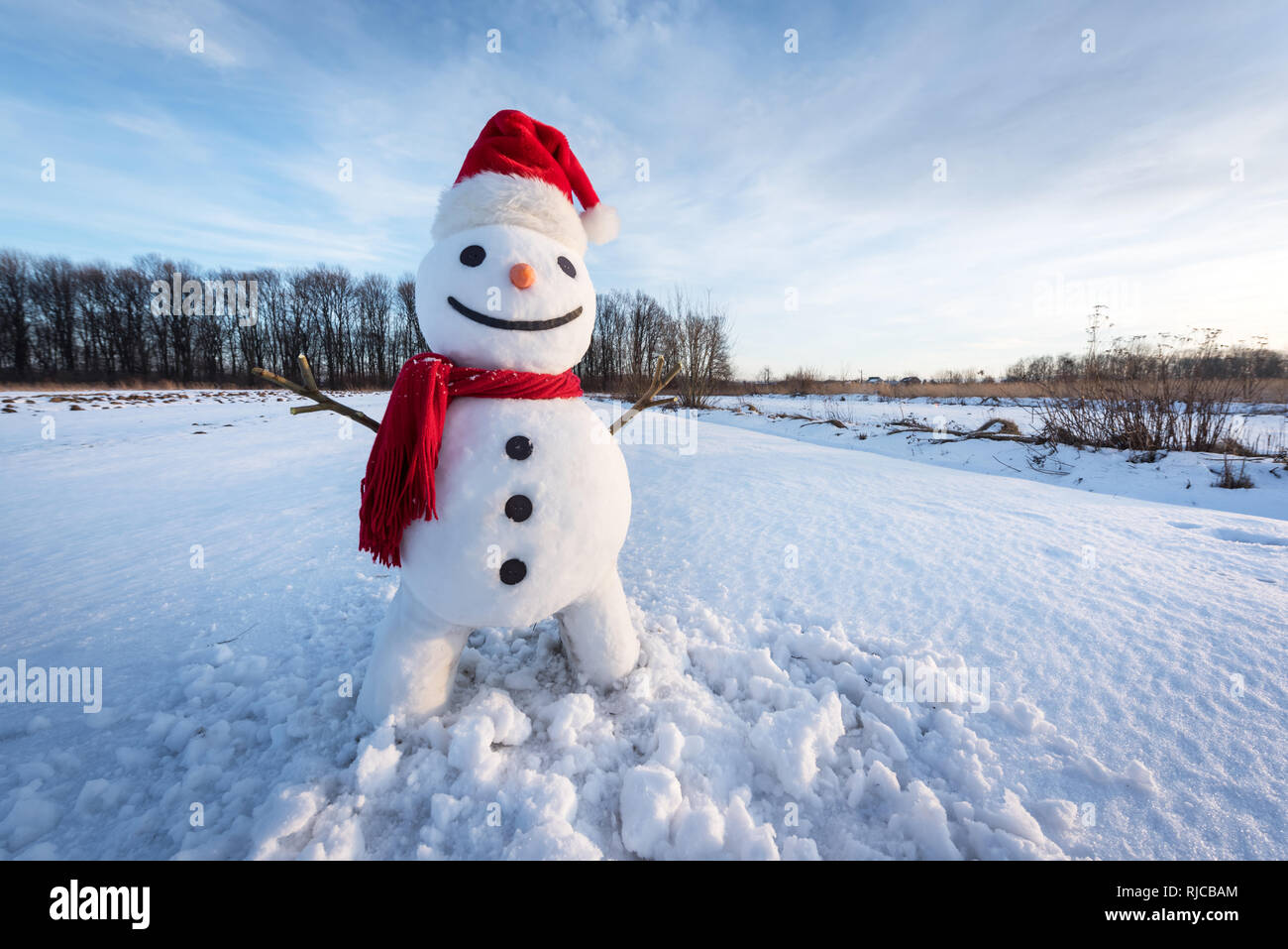 Divertente pupazzo di neve a santa hat e scalf rosso sul campo nevoso. Natale e Anno Nuovo sfondo Foto Stock