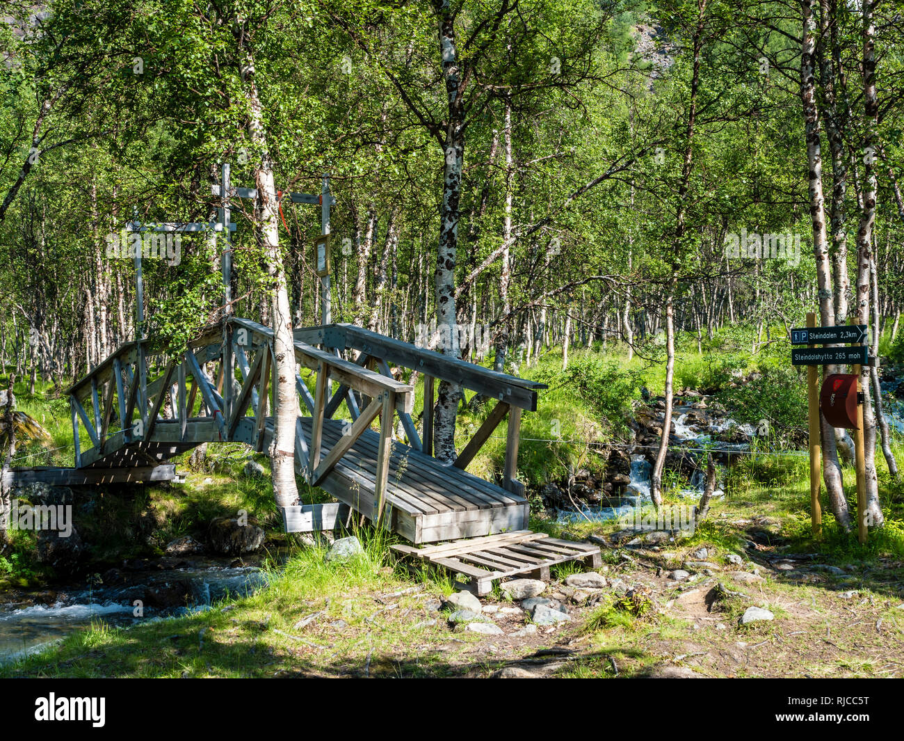 Ponte di legno sul sentiero attraversa un piccolo fiume, escursione lungo la valle Steindalen a glacier Steindalsbre, alpi Lyngen, a sud di Lyngseidet, Troms coun Foto Stock