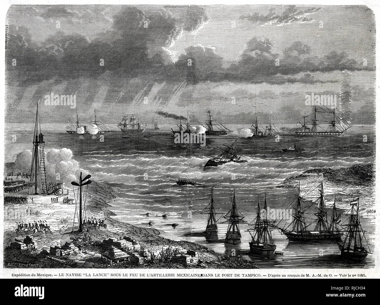 La lancia sotto il fuoco al porto di Tampico Foto Stock