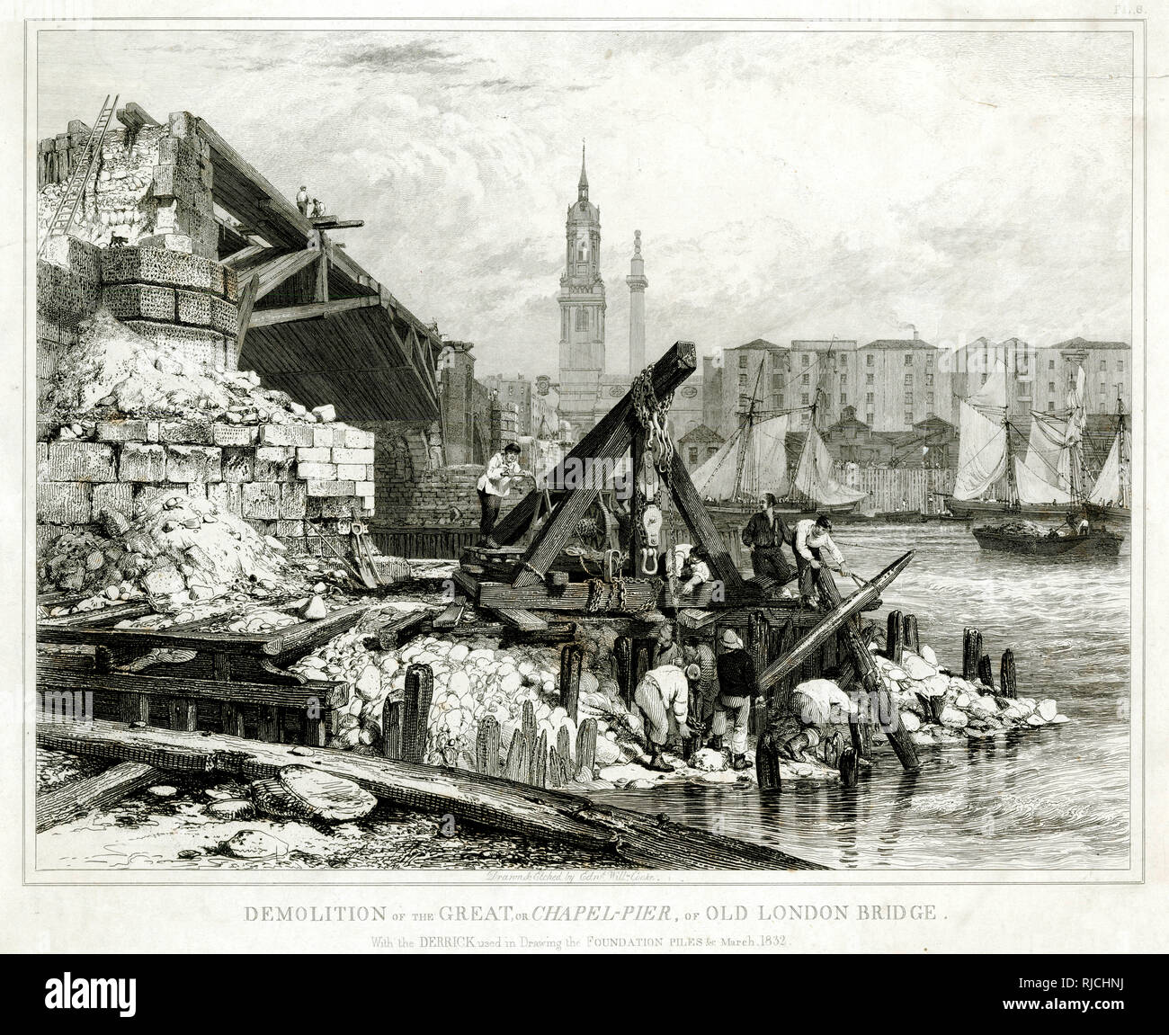 Demolizione del vecchio London Bridge 1832 Foto Stock