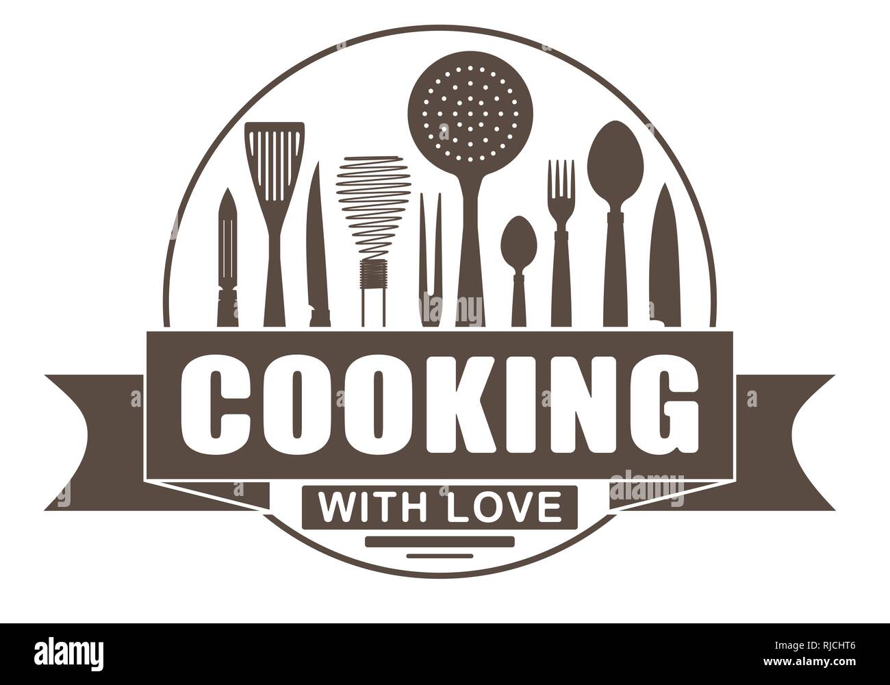 Cucinare con amore round design vettoriali per il vostro logo o emblema con banner e sagome di utensili da cucina e stoviglie. Illustrazione Vettoriale