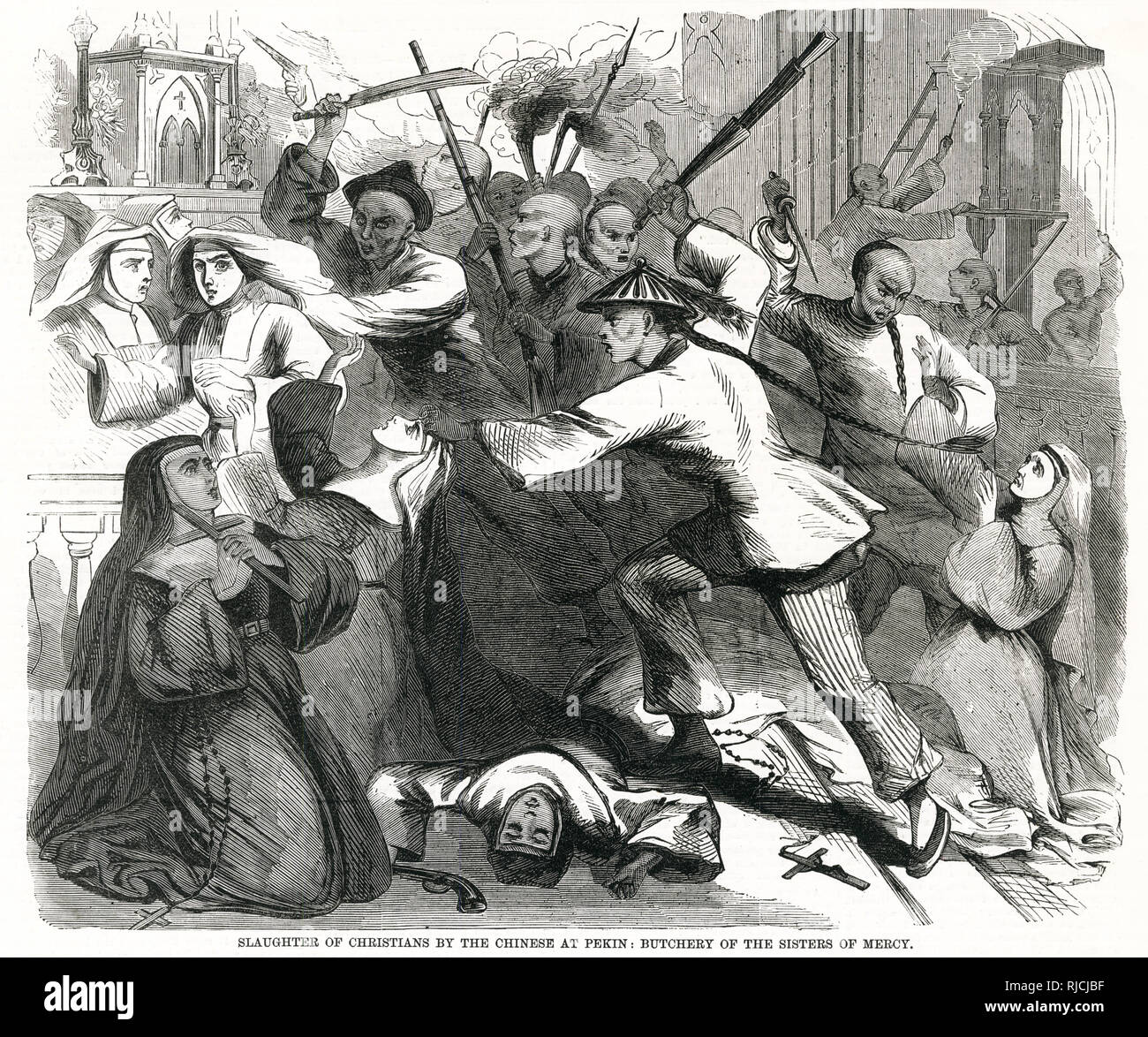 Il massacro di Tianjin, uno dei più importanti, missionario incidenti, della fine della dinastia Qing, coinvolti gli attacchi a Cattolica Francese, sacerdoti e suore, violenti belligeranza dal francese di diplomatici e armati stranieri intervento di Tianjin. Foto Stock