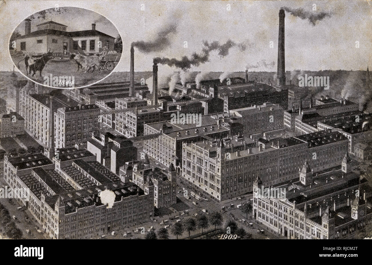 Il grande Pabst Brewery, Milwaukee, Wisconsin, Stati Uniti d'America, con un ovale inset risalente al 1844 quando la società ha iniziato a. Foto Stock