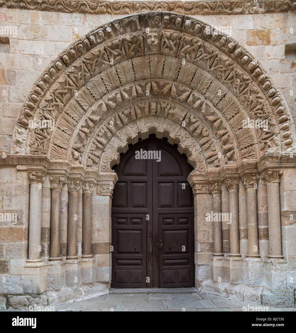 Portale romanico della chiesa di Santa María Magdalena, Zamora Castiglia e Leon, Spagna Foto Stock