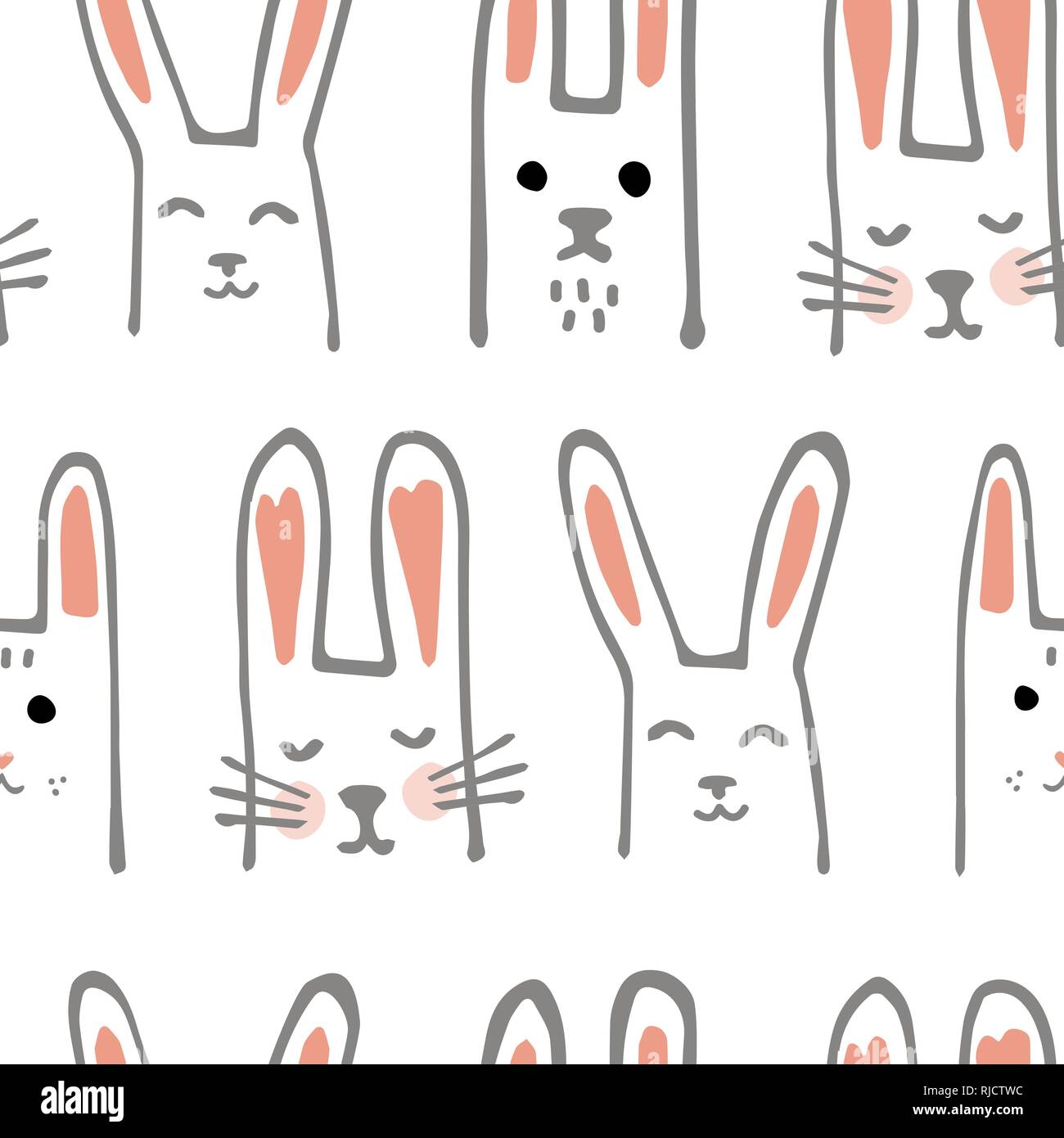 Cartoon carino Baby coniglio o Bunny Seamless Pattern. Illustrazione Vettoriale. Disegnata a mano Doodle sfondo. Illustrazione Vettoriale