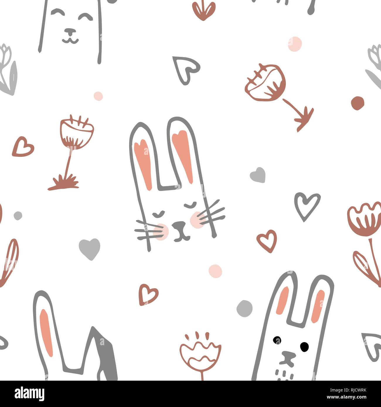 Cartoon carino Baby di coniglio o di coniglio e fiori Seamless Pattern. Illustrazione Vettoriale. Doodle sfondo per il tessile, abbigliamento, o Easter Card. Illustrazione Vettoriale