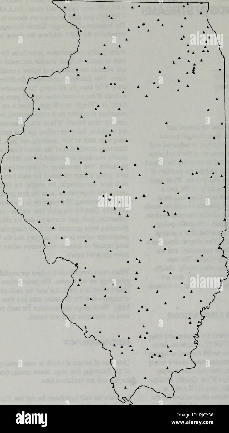 . La modifica di Illinois ambiente : importanti tendenze : Relazione tecnica delle tendenze critiche progetto di valutazione. L'uomo; inquinamento; la protezione ambientale; Ecologia; valutazione dell'impatto ambientale. Superficie di chimica della qualità dell'acqua. La figura 1. Qualità Streamwater stazioni in Illinois acqua ambiente Qualità Rete di monitoraggio 14. Si prega di notare che queste immagini vengono estratte dalla pagina sottoposta a scansione di immagini che possono essere state migliorate digitalmente per la leggibilità - Colorazione e aspetto di queste illustrazioni potrebbero non perfettamente assomigliano al lavoro originale. Illinois. Dipartimento di Energia e di risorse naturali; Foto Stock