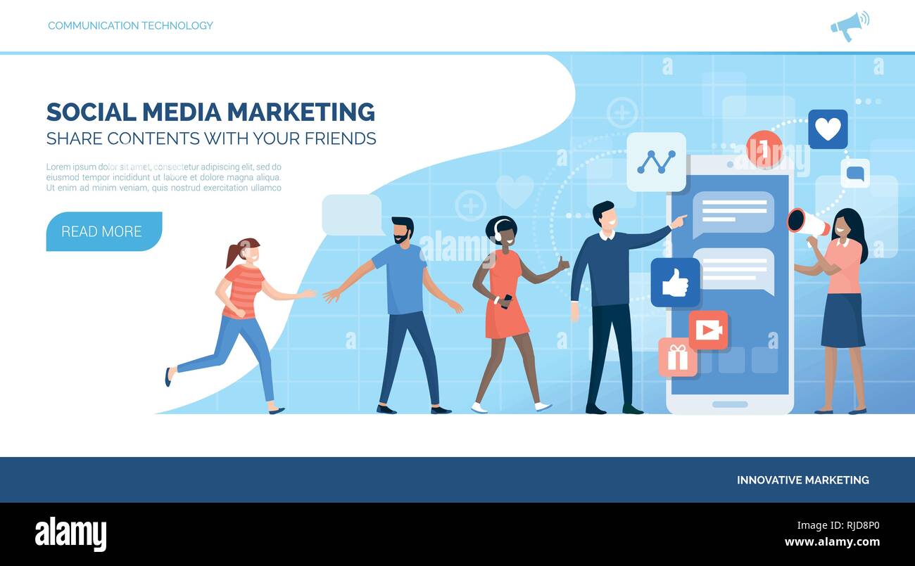 Persone dopo il successo del social media marketing Campaign su uno smartphone, business e il concetto di comunicazione Illustrazione Vettoriale