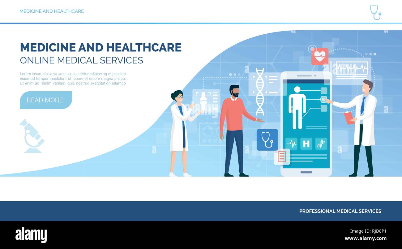 Online di consultazione medica con medici e app, la sanità e il concetto di tecnologia Illustrazione Vettoriale