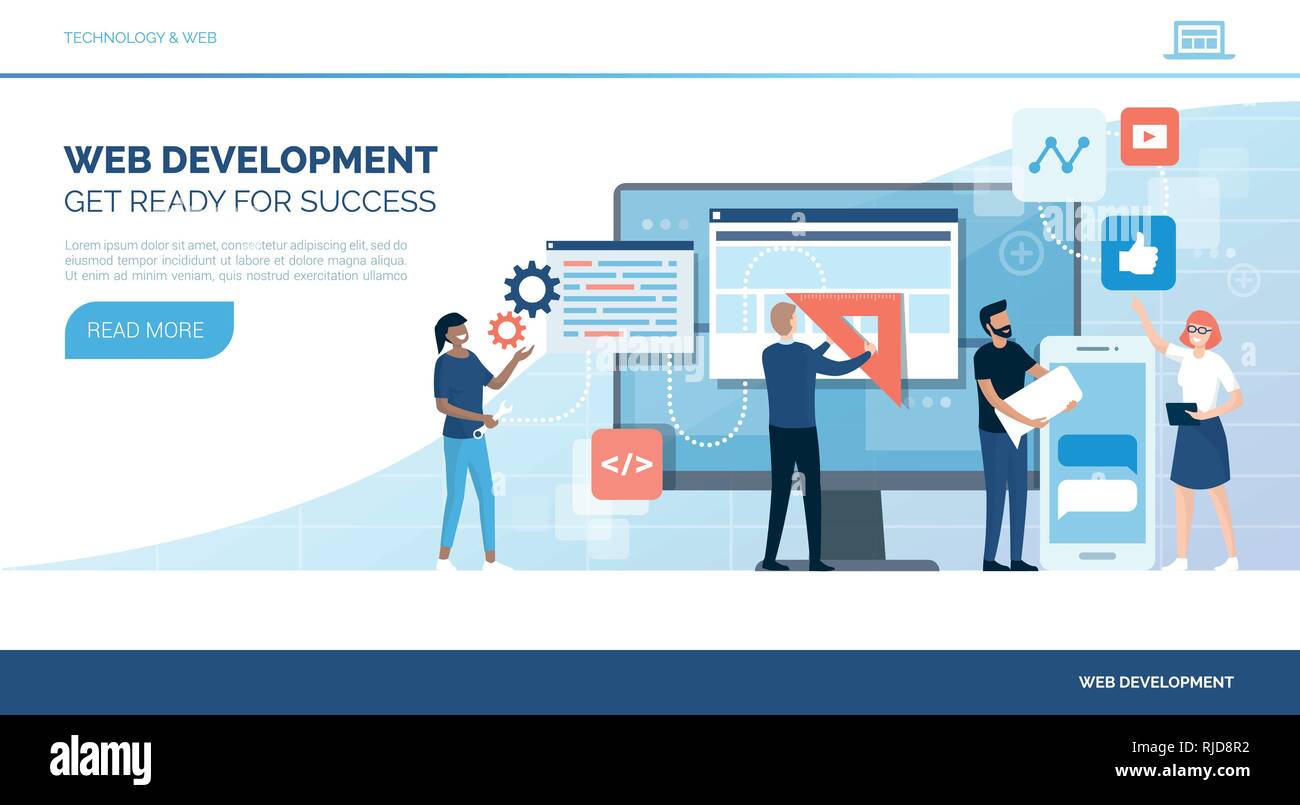 Le persone creative che la costruzione di un sito reattivo e social media profilo di una marca o di azienda Illustrazione Vettoriale