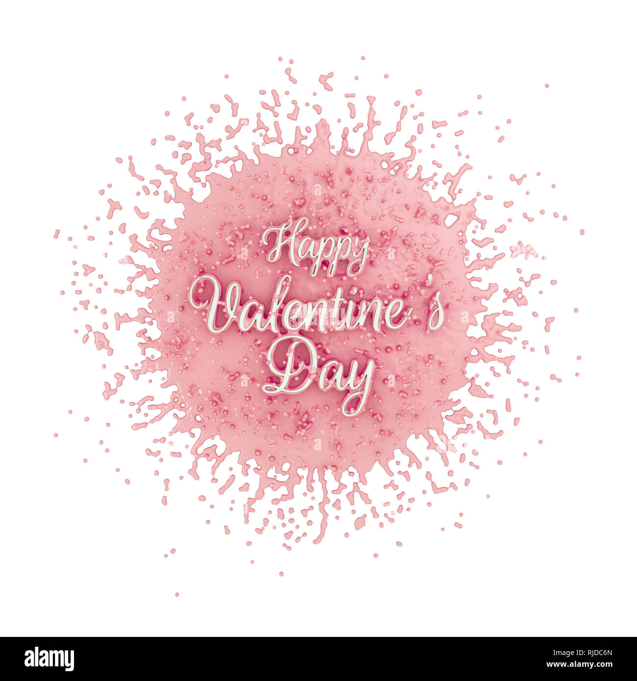 Buon San Valentino messaggio scritto da volume di scritte su splash luminoso in rosa luminoso soggiorno color corallo. 3d illustrazione isilated su bianco Foto Stock