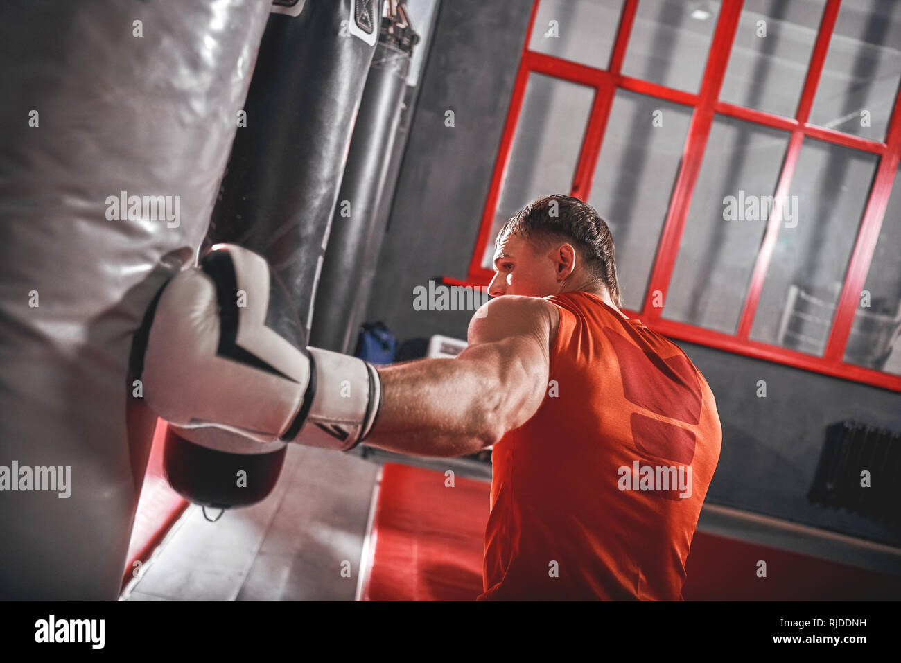 Close-up di un forte colpo al punzone in borsa. Fiducioso sportman muscolare in guanti bianchi allenamento duro sul punzone pesante sacco nero in palestra di inscatolamento Foto Stock