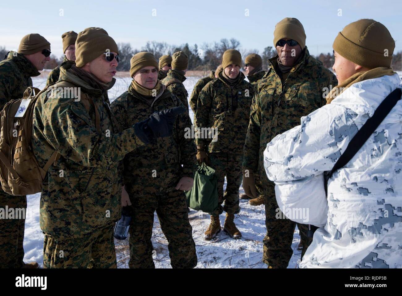 Stati Uniti Marine Corps Il Mag. Gen. Matteo Glavy, sinistra, Comandante generale di 2 aeromobili Marina Wing e la briga. Gen. Michael Langley, destra, Vice Comandante generale del 2° Marine forza expeditionary, parlare di Marines con Marine Tactical Air Command Squadron 28 durante la conduzione di una visita in loco nel corso dell esercizio Ullr Shield su Fort McCoy, Wis., gen. 16, 2018. Ullr Shield è un esercizio di formazione progettati per migliorare la seconda Marine Ala di aeromobili di capacità in condizioni di freddo intenso degli ambienti. Foto Stock