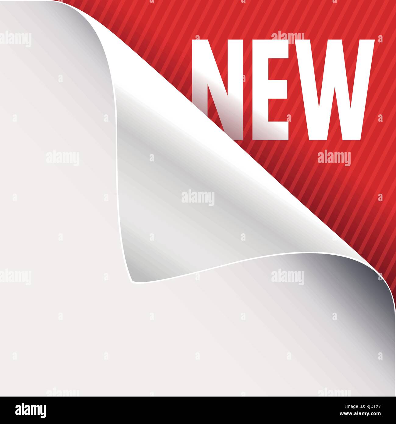 Angolo arricciato del libro bianco su una rossa in alto a destra sullo sfondo di angolo. Il nuovo slogan di segno. Illustrazione Vettoriale. Illustrazione Vettoriale