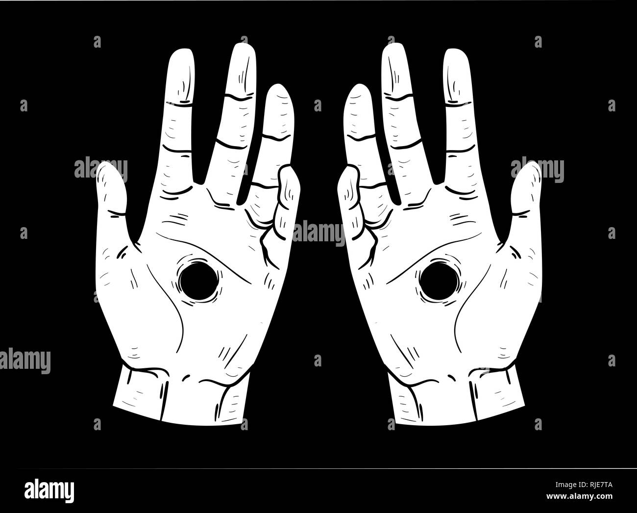 Illustrazione delle mani con un foro su ogni lato. Stimmate in bianco e nero Foto Stock