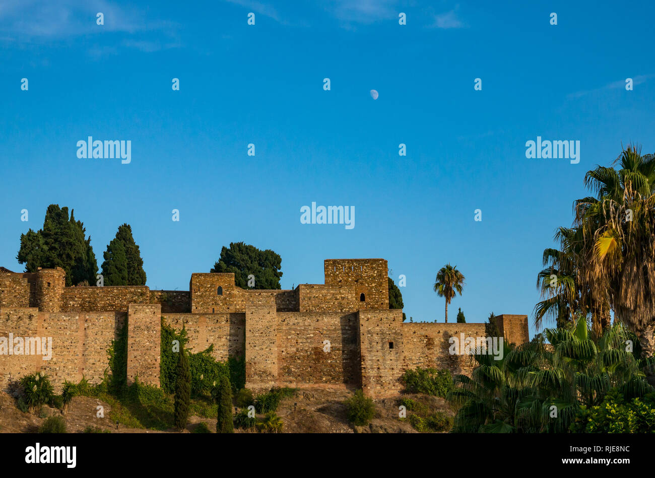Alcazaba palazzo fortificato di mura al tramonto con la Luna in cielo, Malaga, Spagna Spagna Foto Stock