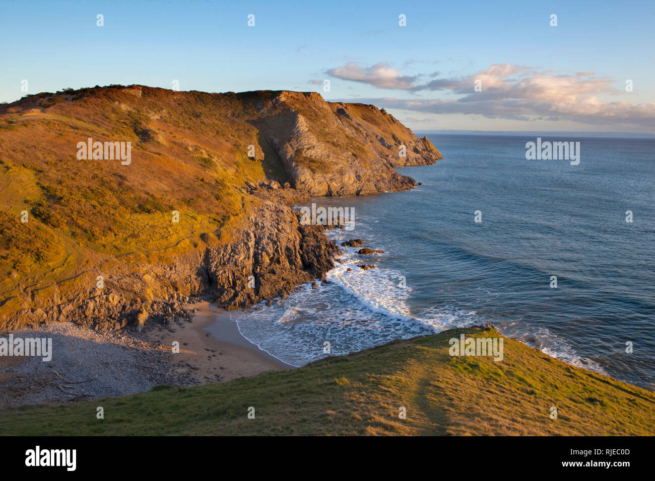 Pobbles Bay nei pressi di Three Cliffs Bay, guardando verso est lungo le scogliere calcaree, Gower, Swansea, Galles, febbraio. Foto Stock