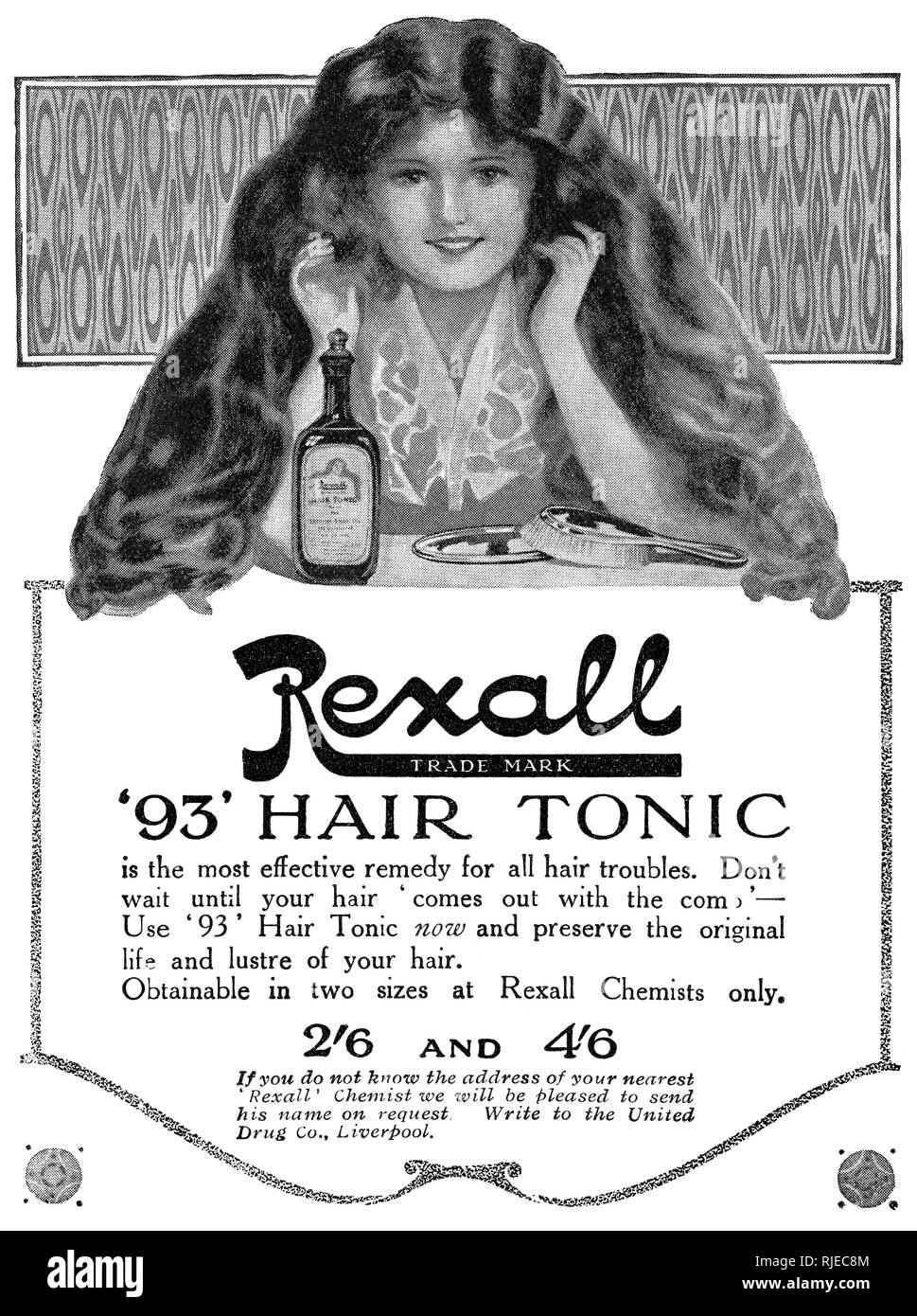 1920 British pubblicità per Rexall '93' tonico per capelli. Foto Stock