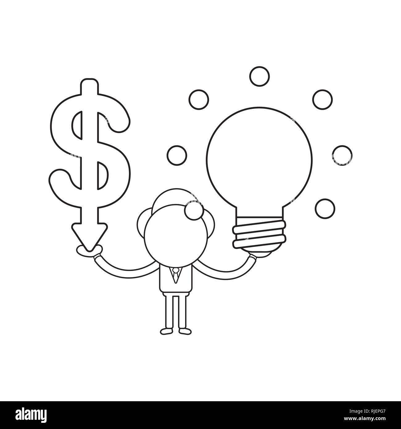 Illustrazione Vettoriale imprenditore azienda carattere dollaro freccia verso il basso e la luce brillante idea della lampadina. Contorno nero. Illustrazione Vettoriale
