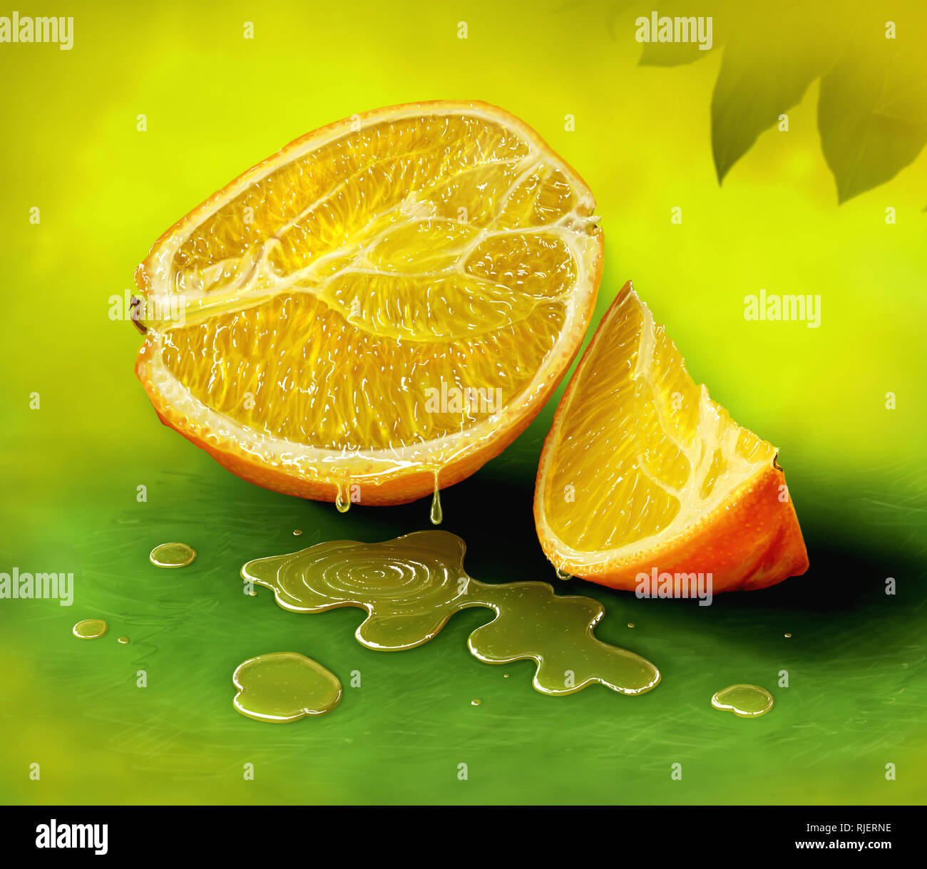 La pittura digitale di frutta arancione su sfondo verde scuro Foto Stock