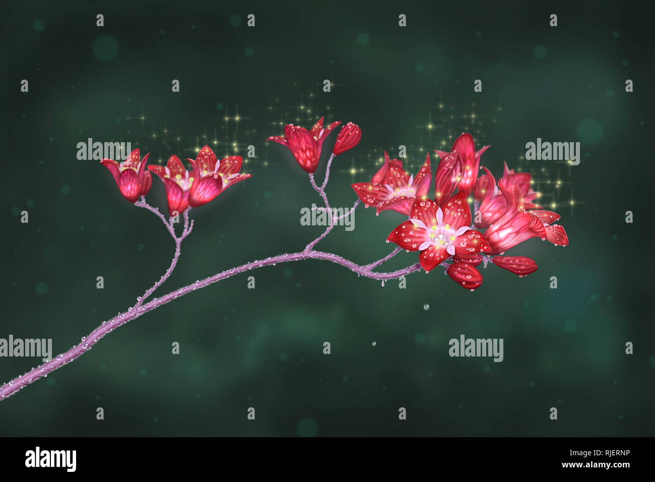 La pittura digitale di fiori di colore rosso su sfondo verde Foto Stock