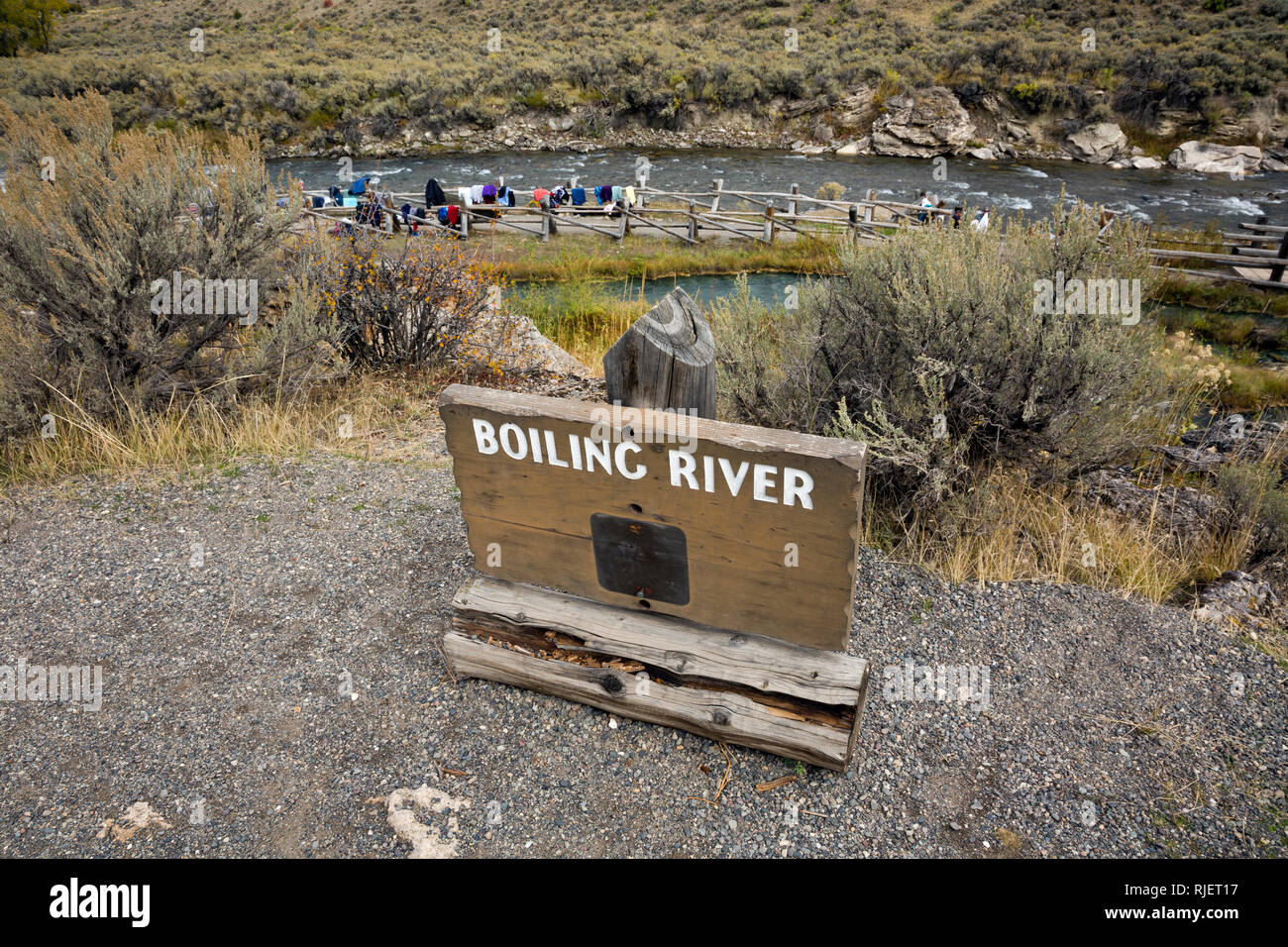 WYOMING - La confluenza di ebollizione e Gardiner Fiume è un luogo popolare per immergervi nella calda, termica riscaldata, acqua a Yellowstone NP. Foto Stock