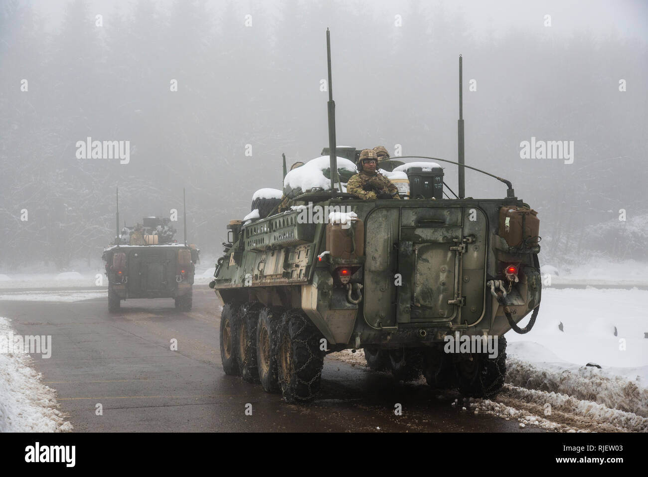 Stati Uniti Soldati assegnato al primo squadrone, secondo reggimento di cavalleria "Guerra Aquile", roll out alla gamma 35 manovra Baumholder Area Formazione, per una formazione situazionale esercizio in una Stryker fanteria veicolo portante. Baumholder, Germania il 01 febbraio, 2019 (U.S. Esercito Foto di Visual Information Specialist, Ruediger Hess/rilasciato) Foto Stock