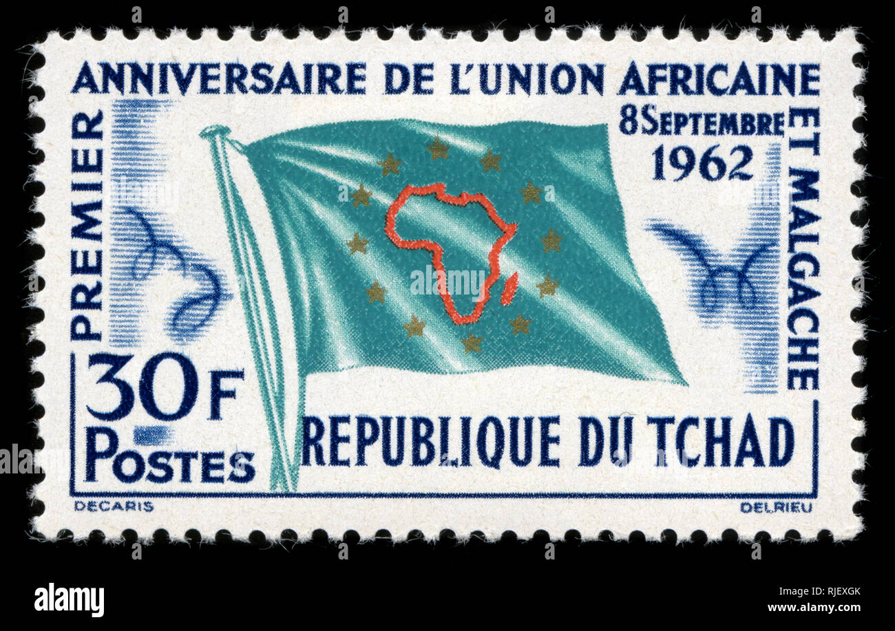 Con timbro postale timbro dal Ciad nel 1° anniv di unione di Stati africani e malgascio serie emesse nel 1962 Foto Stock