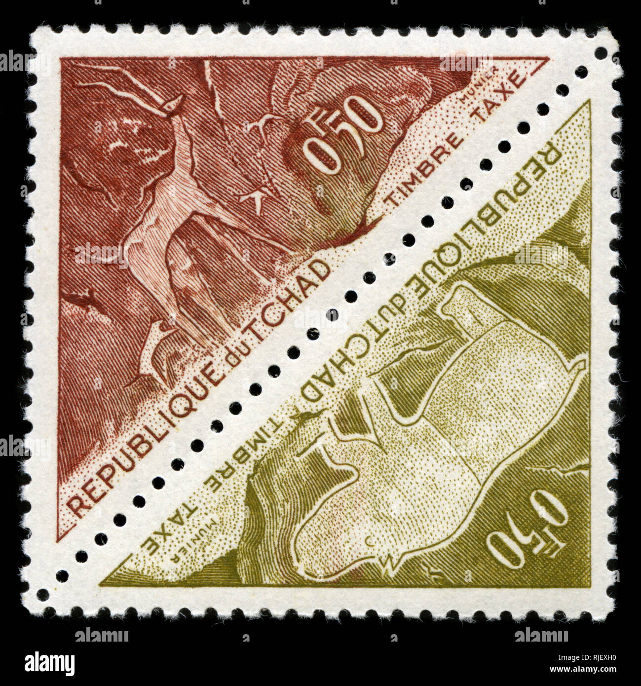 Con timbro postale timbri dal Ciad in incisioni rupestri preistoriche del Tibesti Mountains serie emesse nel 1962 Foto Stock