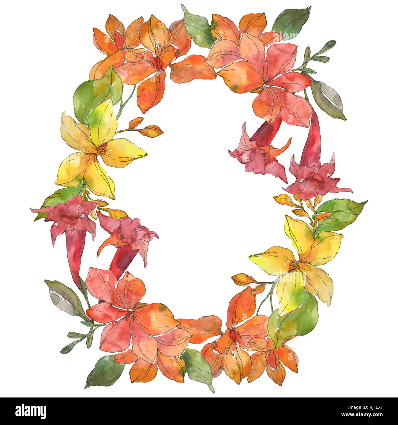 Rosso e giallo tropicale botanico floreale di fiori. Wild molla a balestra di fiori selvaggi isolati. Acquerello illustrazione dello sfondo impostato. Disegno ad acquerello fa Foto Stock