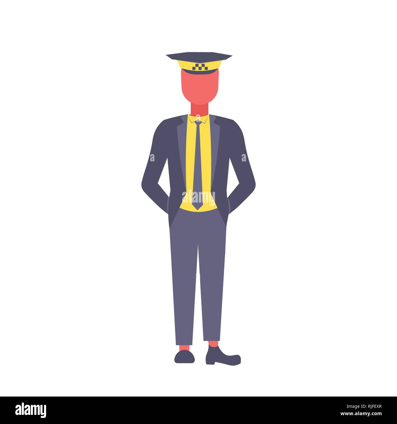 Taxi driver in uniforme e il cappuccio maschio permanente con autista rappresentano attività professionale nozione personaggio dei fumetti a lunghezza piena isolati piatta Illustrazione Vettoriale