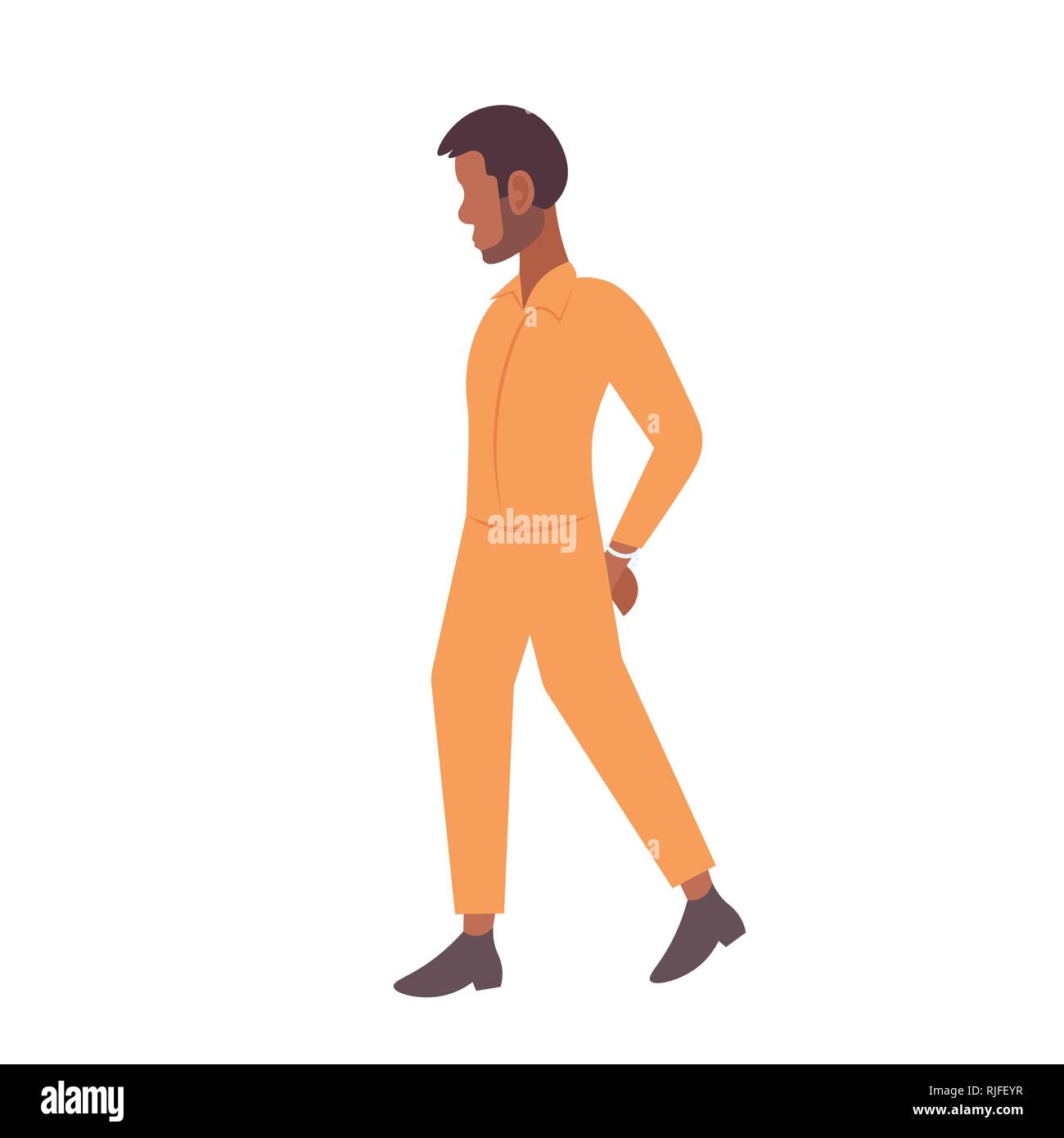 Americano africano ammanettato prigioniero criminale di uomo in arancione uniforme tribunale di arresto di reclusione concetto maschio personaggio dei cartoni animati a piena lunghezza flat Illustrazione Vettoriale