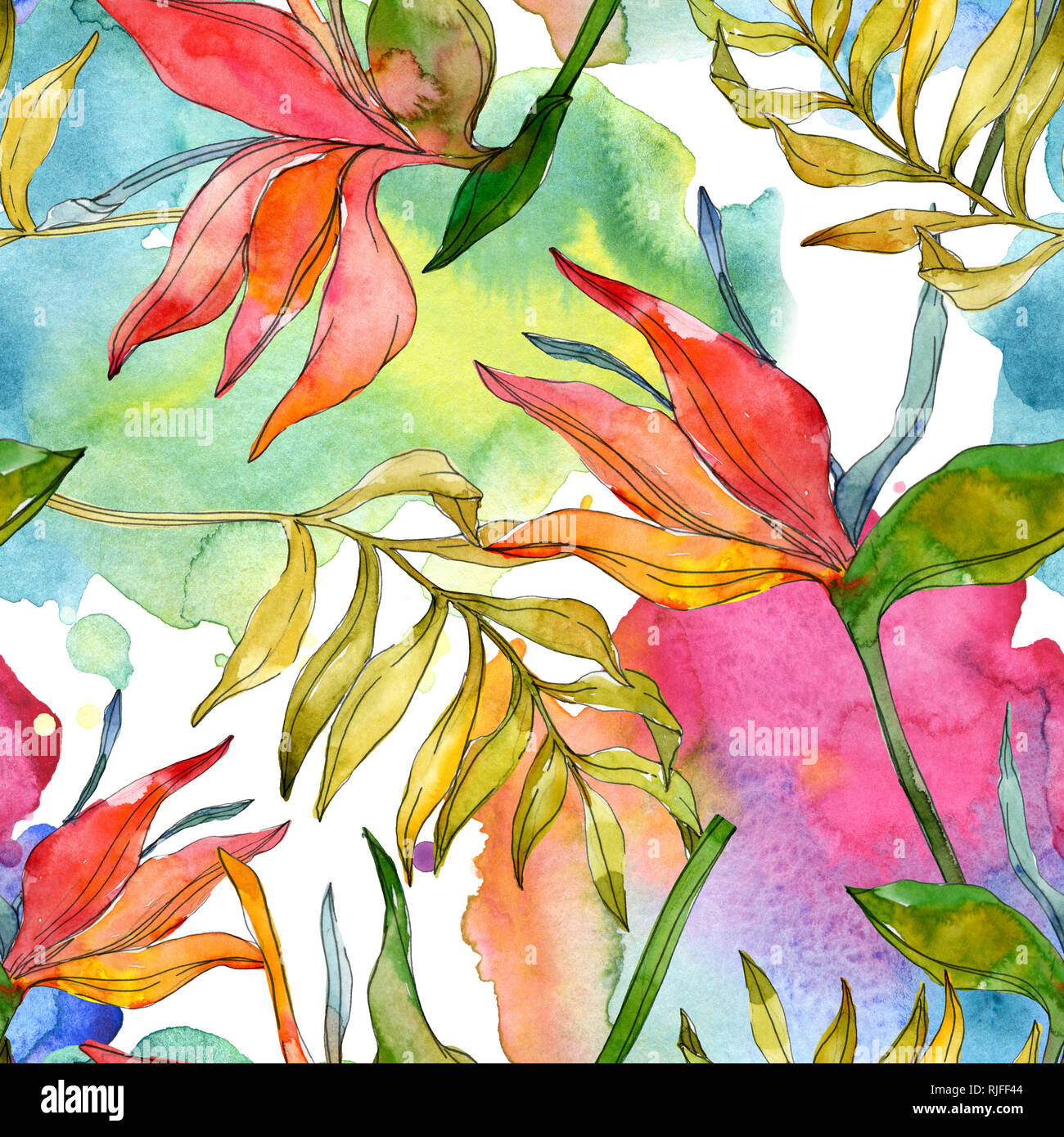 Tropical floreale di fiori botanica. Esotiche piante foglie isolate. Illustrazione ad acquerello set. Disegno ad acquerello fashion aquarelle. Sfondo senza giunture Foto Stock