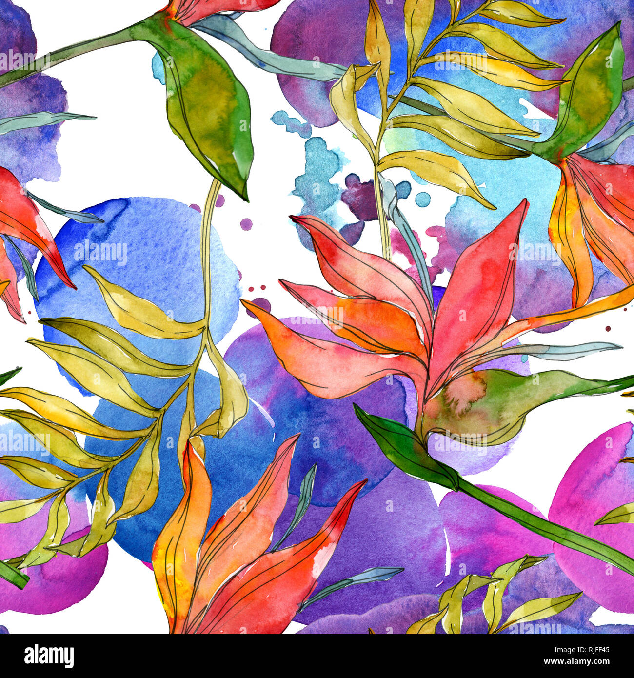 Tropical floreale di fiori botanica. Esotiche piante foglie isolate. Illustrazione ad acquerello set. Disegno ad acquerello fashion aquarelle. Sfondo senza giunture Foto Stock