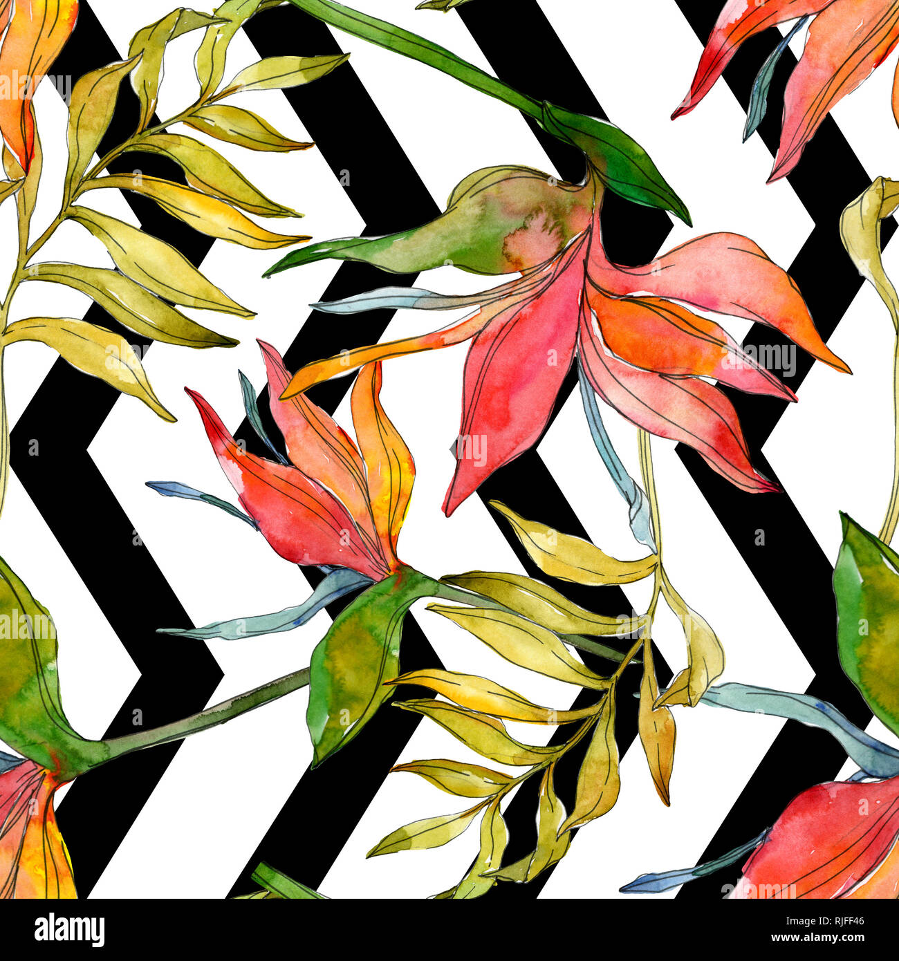 Tropical floreale di fiori botanica. Esotiche piante foglie isolate. Illustrazione ad acquerello set. Disegno ad acquerello fashion aquarelle. Sfondo senza giunture Foto Stock