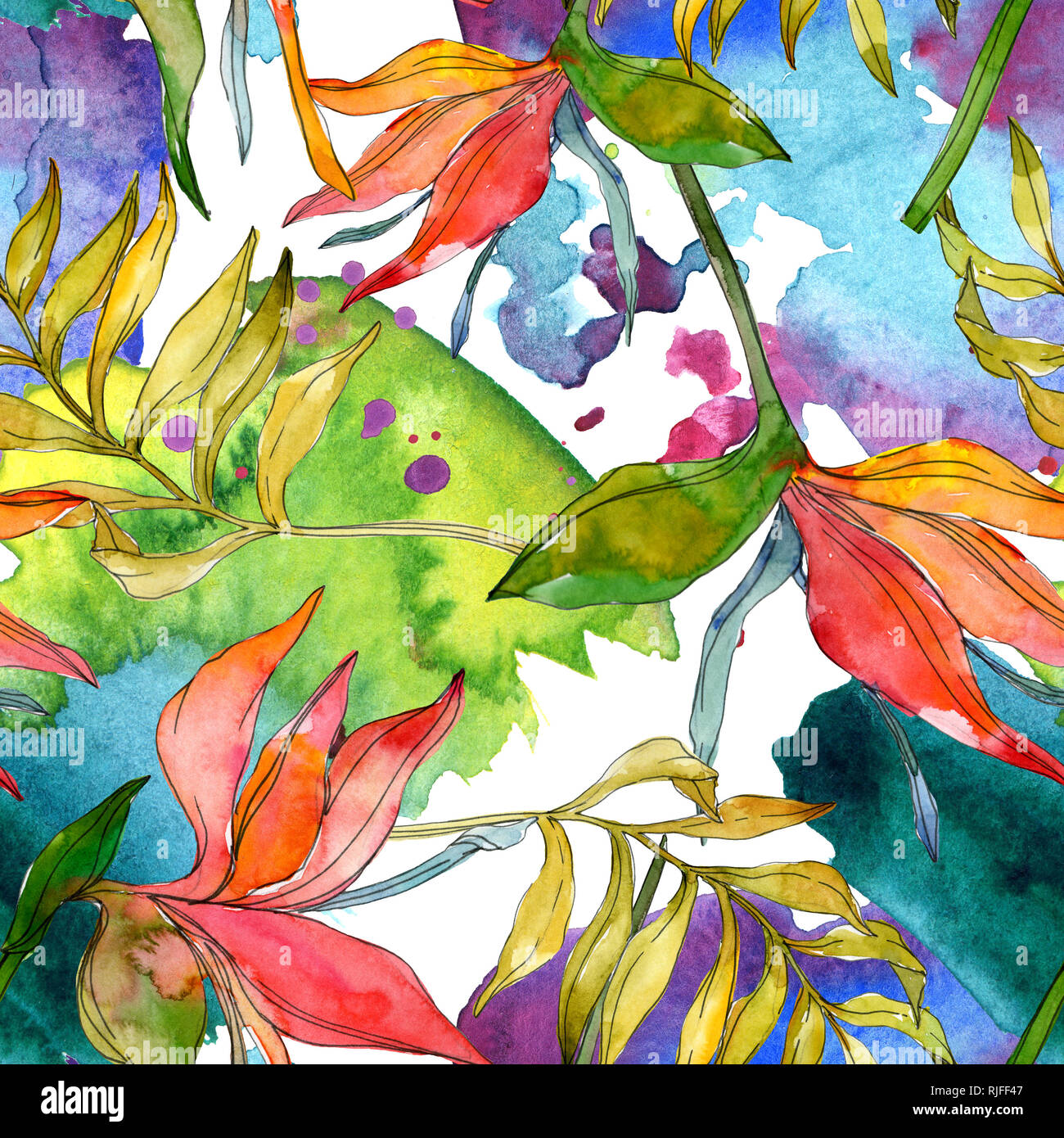 Tropical floreale di fiori botanica. Esotiche piante foglie isolate. Illustrazione ad acquerello set. Disegno ad acquerello fashion aquarelle. Sfondo senza giunture Foto Stock