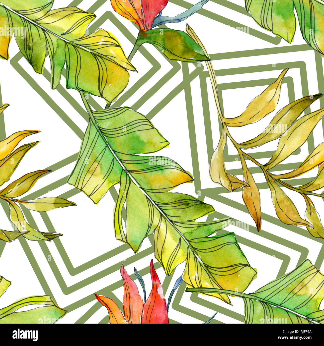 Tropical floreale di fiori botanica. Esotiche piante foglie isolate. Illustrazione ad acquerello set. Disegno ad acquerello fashion aquarelle. Sfondo senza giunture Foto Stock