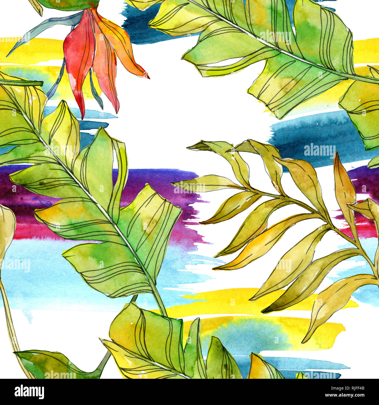 Tropical floreale di fiori botanica. Esotiche piante foglie isolate. Illustrazione ad acquerello set. Disegno ad acquerello fashion aquarelle. Sfondo senza giunture Foto Stock