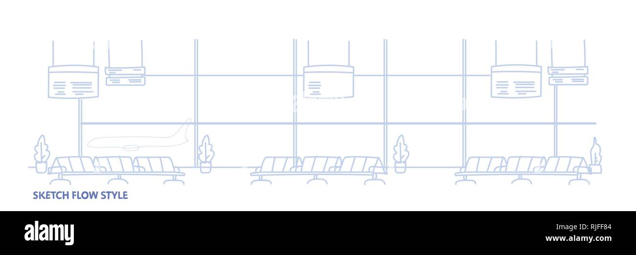 Aeroporto sala di attesa terminal di partenza interno vuoto nessun popolo sketch stile di flusso banner orizzontale Illustrazione Vettoriale