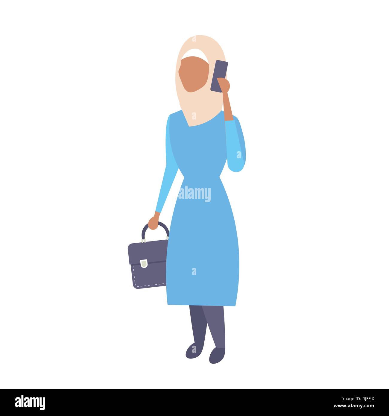 La donna araba di telefono chiamata imprenditrice araba valigetta di contenimento che indossa gli abiti tradizionali femmina personaggio dei cartoni animati a lunghezza piena isolati piatta Illustrazione Vettoriale
