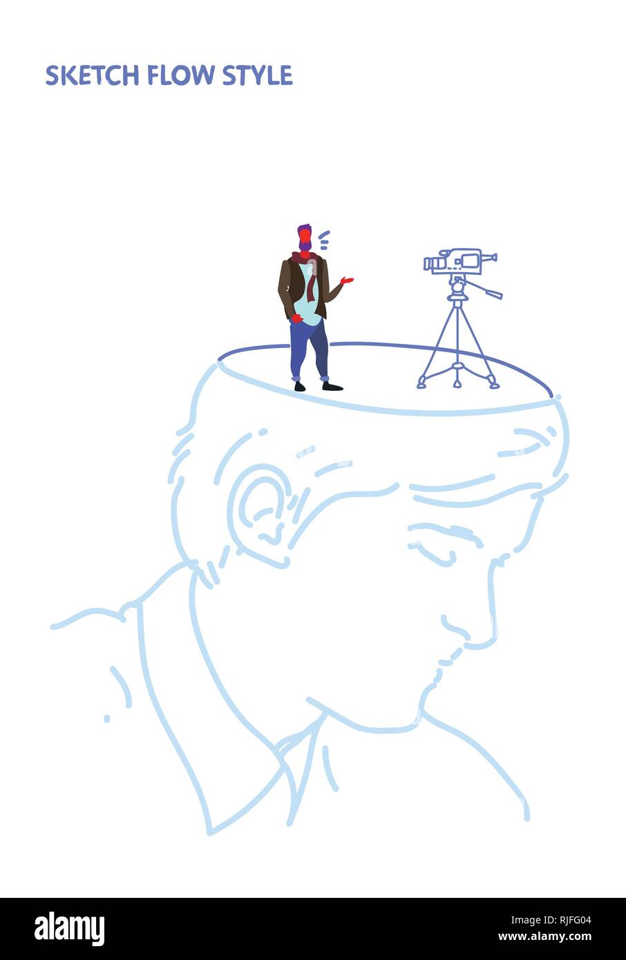 Aprire la testa umana produttore con macchina fotografica del film film cinema video produzione apparecchiature di studio idea creativa concetto schizzo del flusso verticale di stile Illustrazione Vettoriale