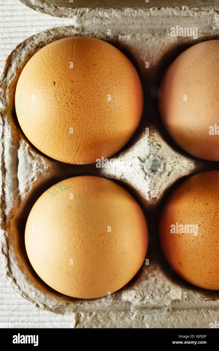 Vista aerea di uova in cartone su un panno bianco sfondo , bella luce e ombre sul guscio d'uovo Foto Stock