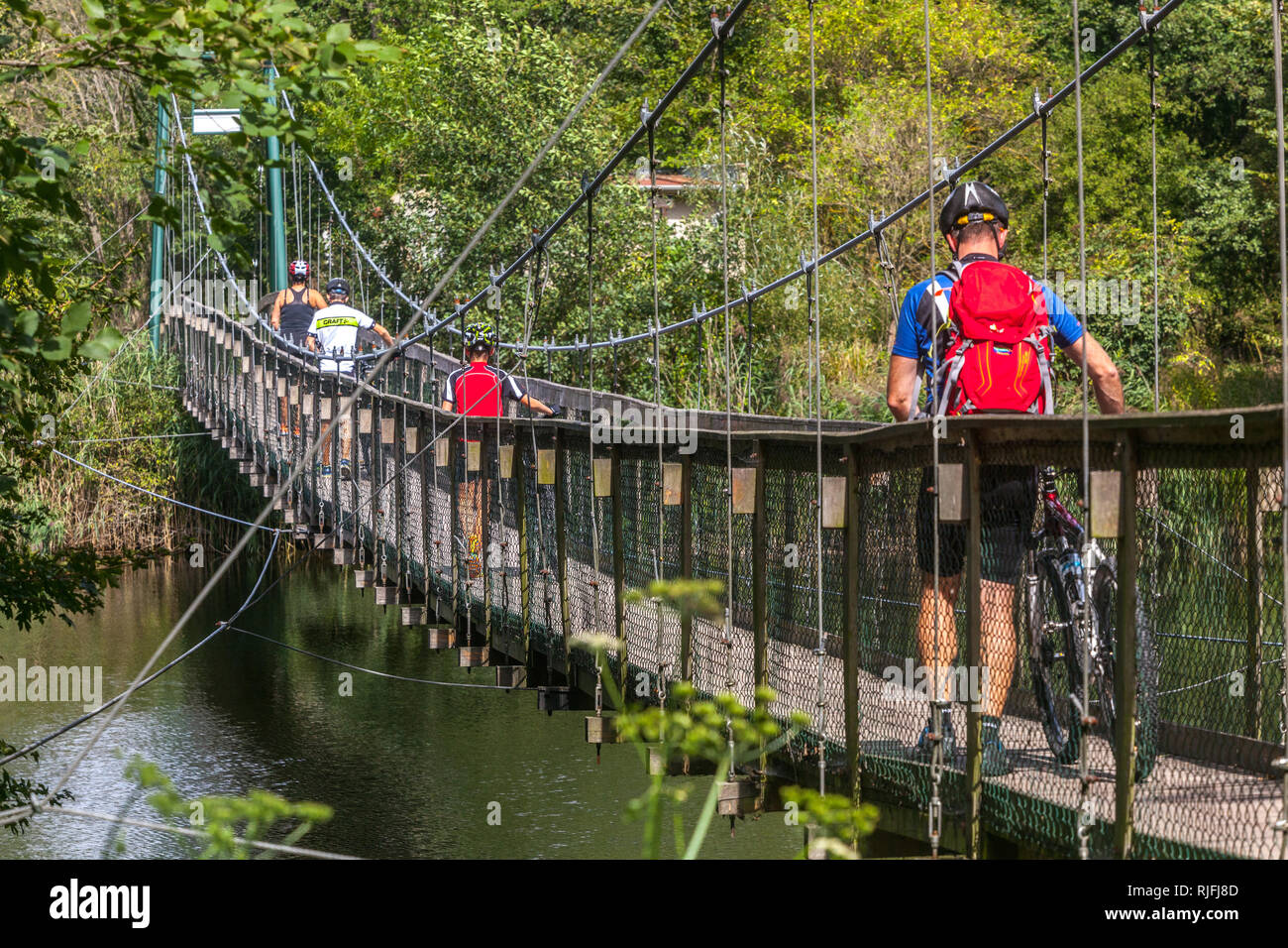 I ciclisti su un viaggio di cavalcare un ponte che attraversa il fiume Dyje in Podyji National Park, Sud Moravia Repubblica Ceca Foto Stock