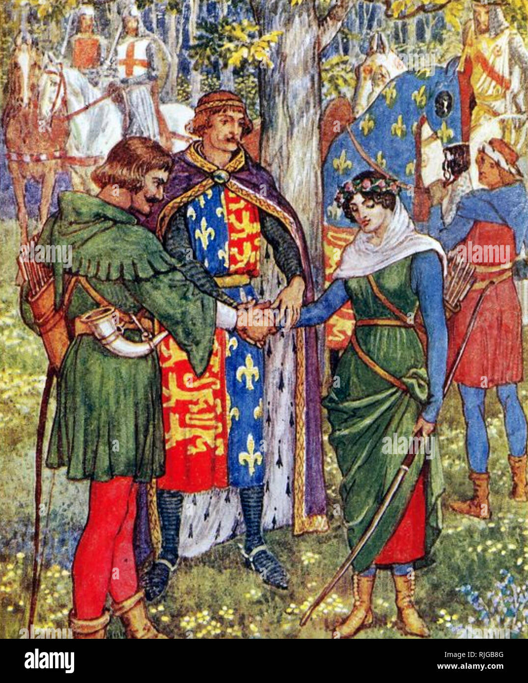Il matrimonio di Robin Hood e Maid Marian da Henry Gilbert il libro "Robin Hood e gli uomini del Greenwood' illustrato da Walter Crane, pubblicato nel 1912. Foto Stock
